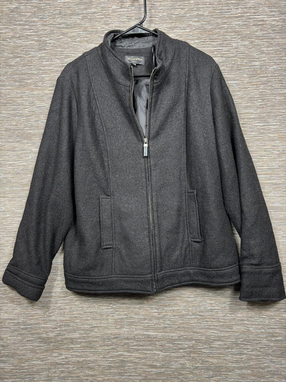 Della Spiga Jacket Womens XL Gray Wool Blend Full Zip Lined Short Coat Collared